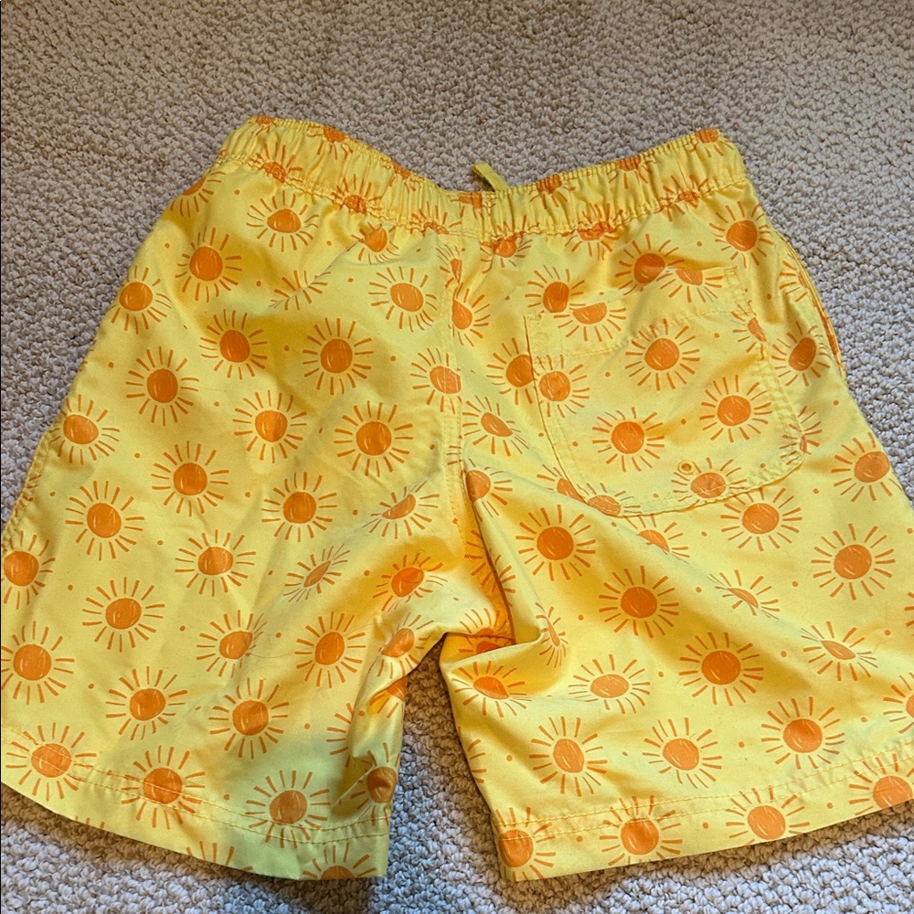 Hanna Andersson Yellow Sun Print & Teal Colorblock Kids Swim Trunks - Picture 3 of 7